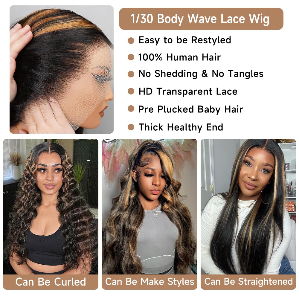 Highlight Ombre Lace Front Wigs Human Hair Pre Plucked with Baby Hair 13x4 Body Wave Frontal Wigs Human Hair 180% Density 4/27 Colored Honey Blonde Lace Front Wig for Women 22 Inch