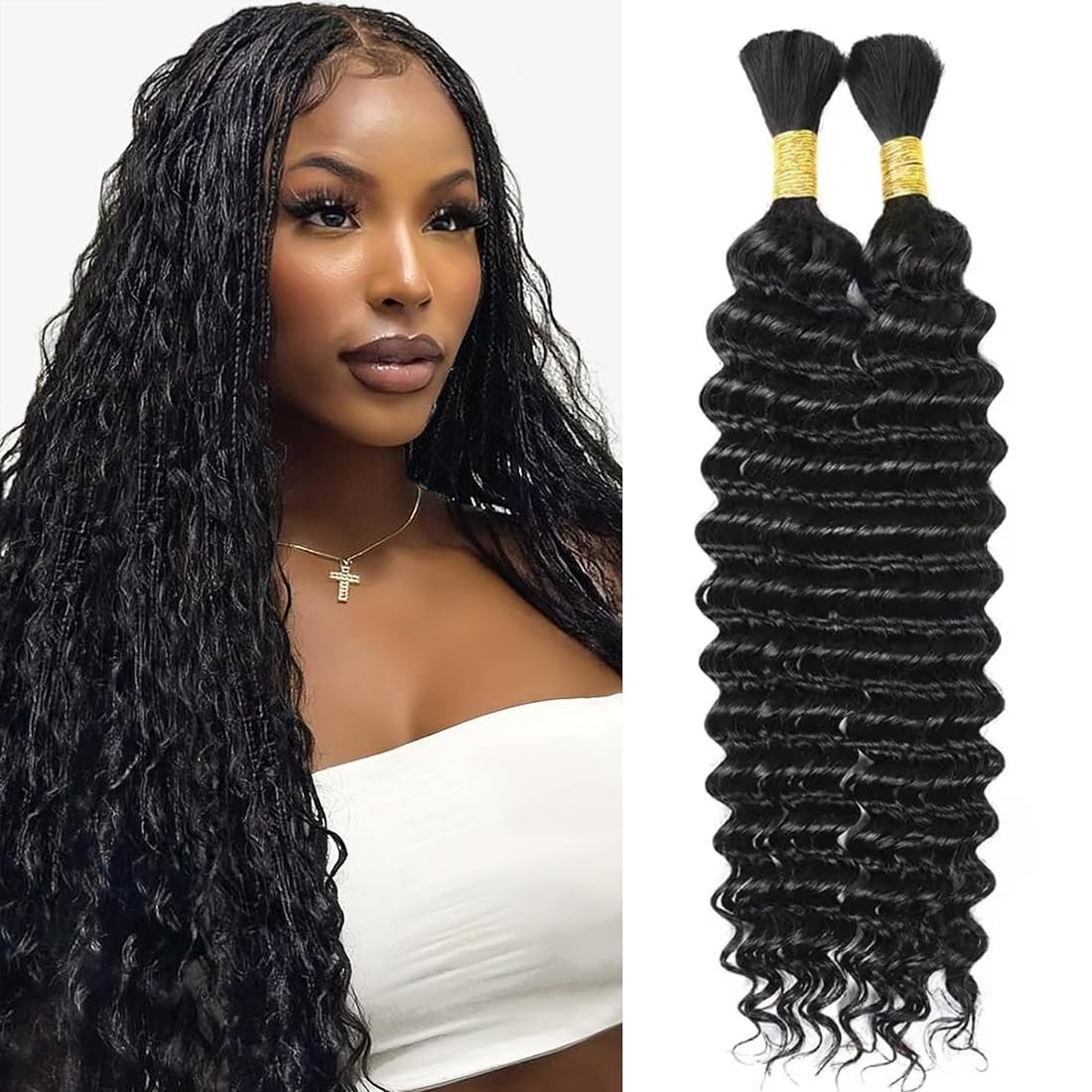 Human Braiding Hair 2 Bundles 100g 20Inch Deep Wave Bulk Human Hair for Braiding No Weft Curly Braiding Hair Bulk Curly Human Hair for Boho Braids 12A Brazilian Virgin Hair Extensions Natural Color