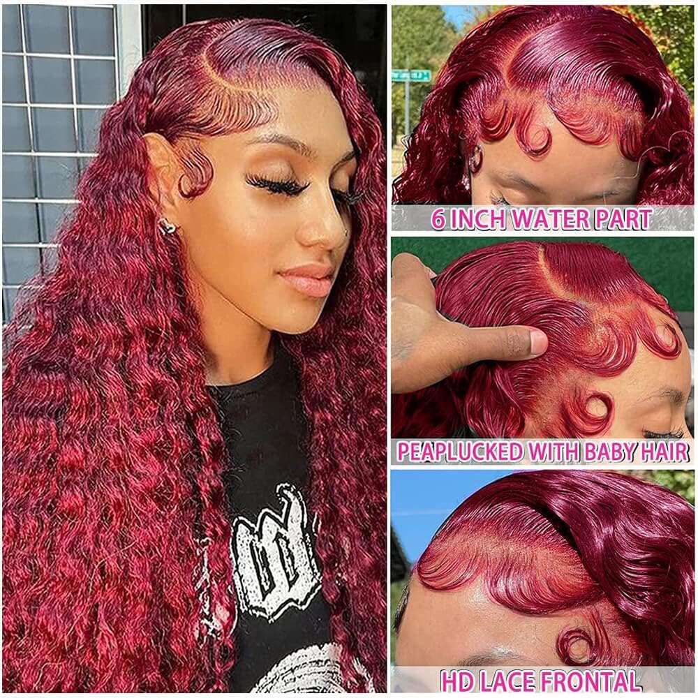 Larhali 99J HD Lace Front Wigs Human Hair Pre Plucked 180% Density Burgundy 13x6 Deep Wave Frontal Wigs Natural Hairline Human Hair Wigs for Black Women(24 Inch)