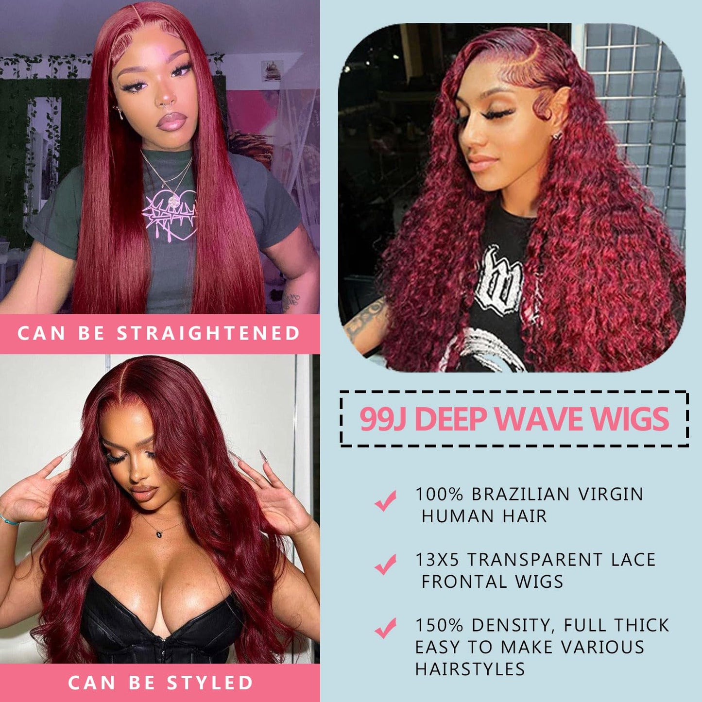 13x4 99J Burgundy Body Wave Lace Front Wigs Human Hair 180% Density Wine Red Color Wigs for Women HD Transparent Lace Front Wigs Glueless Human Hair Pre Plucked with Baby Hair (20inch)