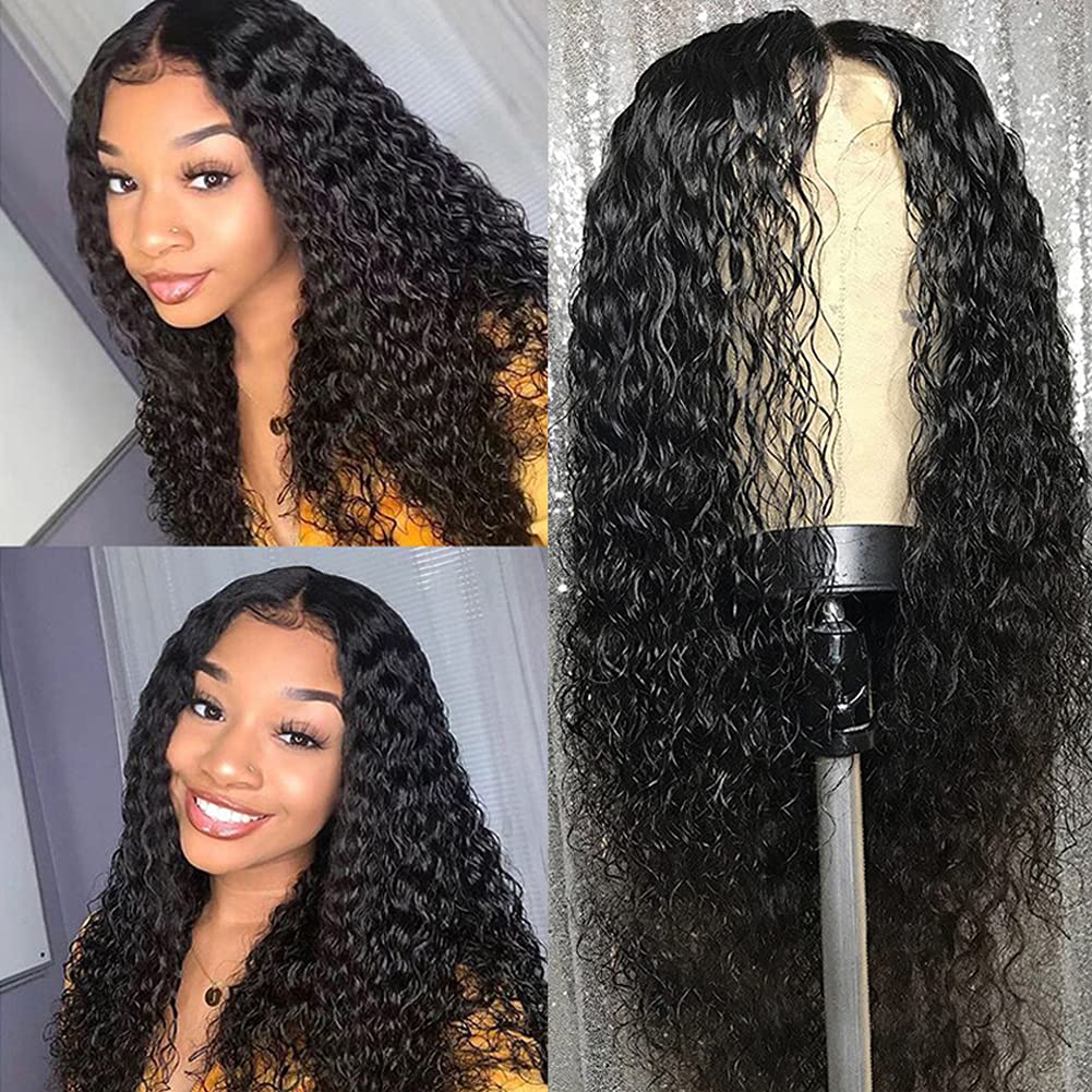 Water Wave 4x4 Lace Front Wigs Human Hair Pre Plucked, 180% Density Brazilian Virgin Wet and Wavy Wigs for Women Curly Wig with Baby Hair Natural Color 24 Inch