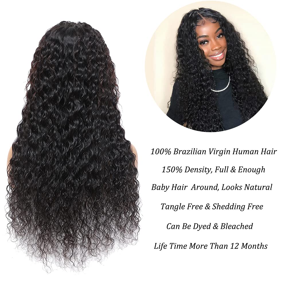 Water Wave 4x4 Lace Front Wigs Human Hair Pre Plucked, 180% Density Brazilian Virgin Wet and Wavy Wigs for Women Curly Wig with Baby Hair Natural Color 24 Inch