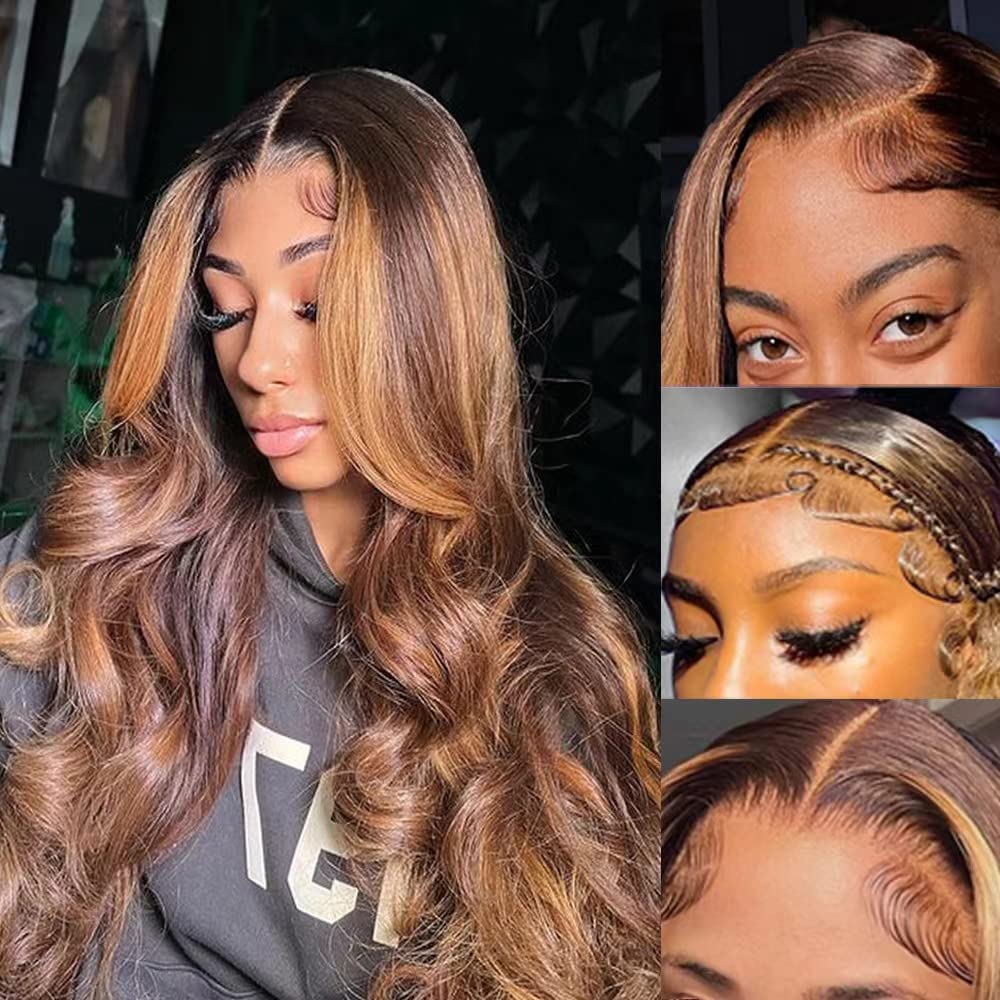 Highlight Ombre Lace Front Wigs Human Hair Pre Plucked with Baby Hair 13x4 Body Wave Frontal Wigs Human Hair 180% Density 4/27 Colored Honey Blonde Lace Front Wig for Women 22 Inch