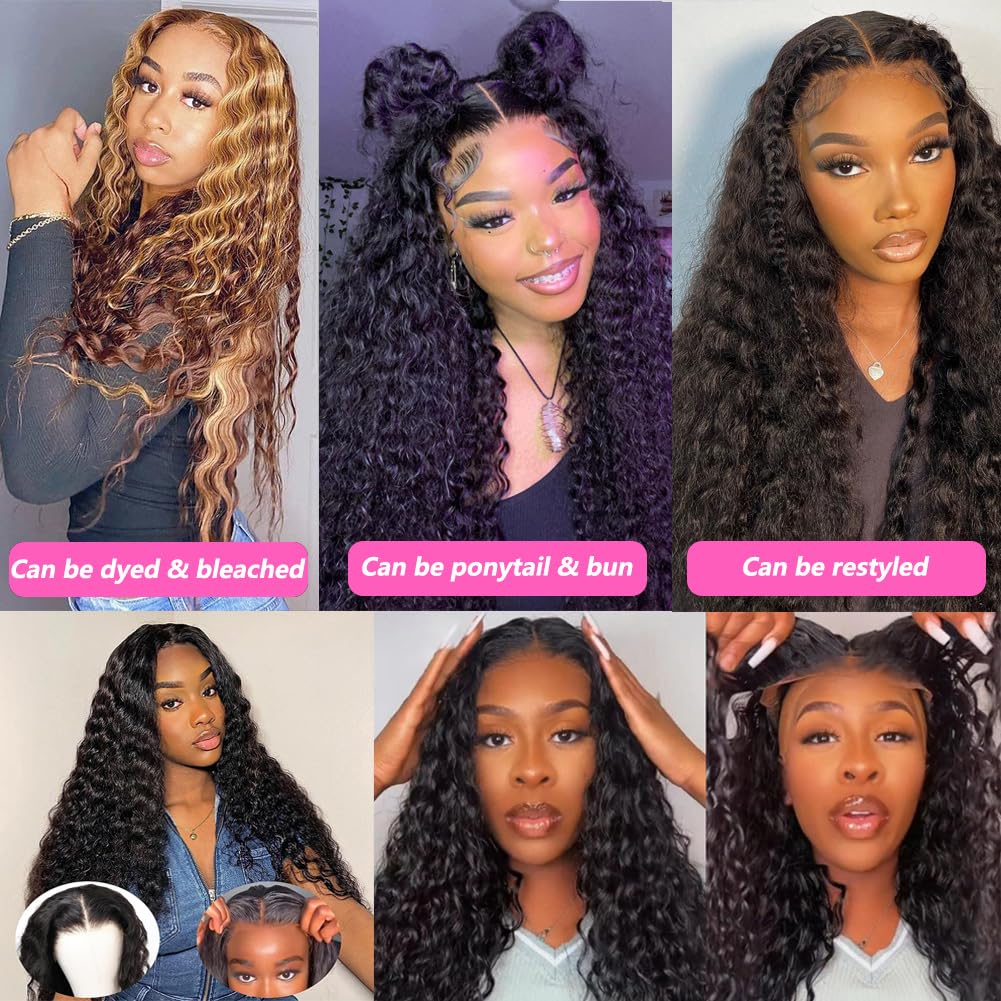 Water Wave 4x4 Lace Front Wigs Human Hair Pre Plucked, 180% Density Brazilian Virgin Wet and Wavy Wigs for Women Curly Wig with Baby Hair Natural Color 24 Inch