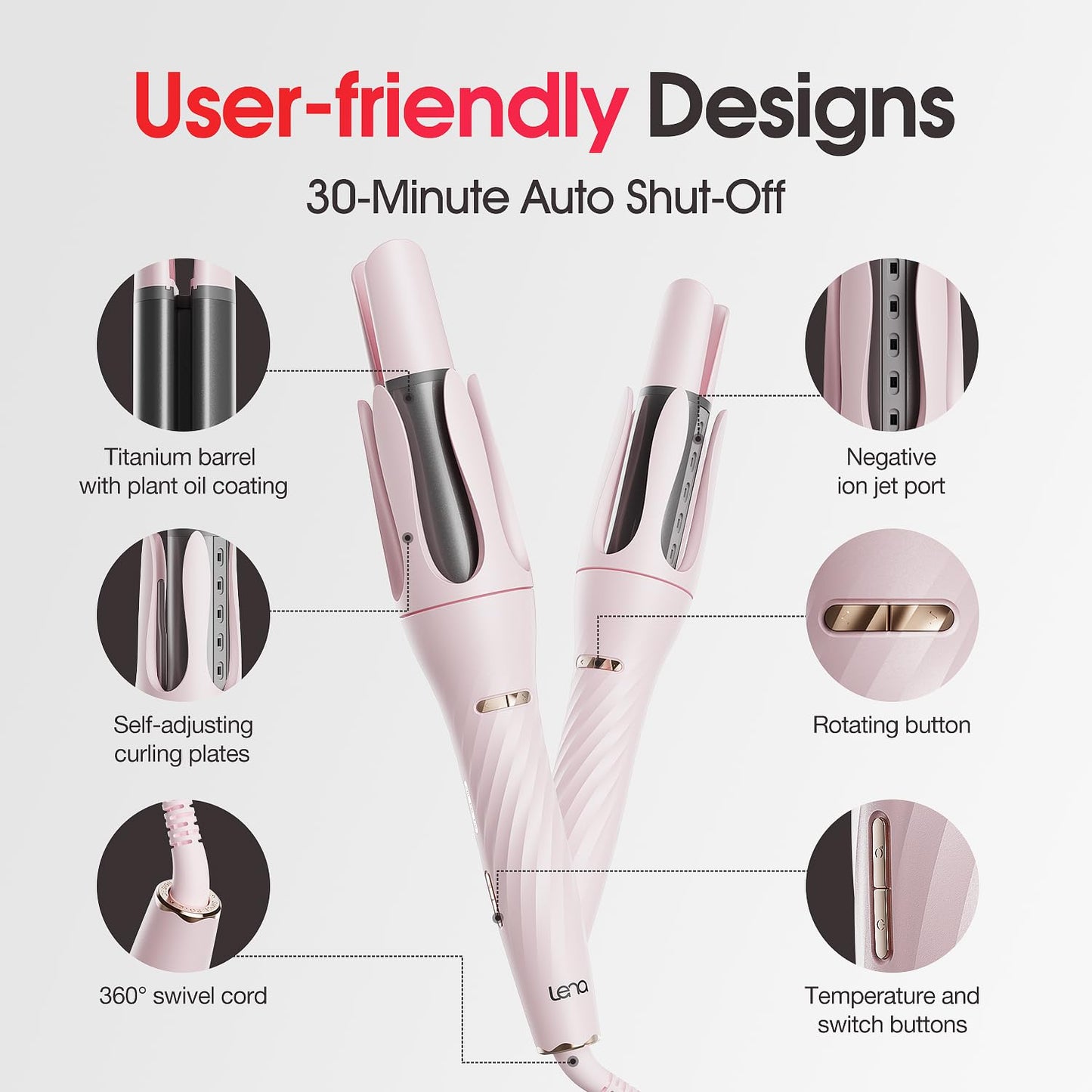 Rotating Curling Iron 1 Inch- LENA Z4 Automatic Curling Wand with Anti-Scald & Versatile Hair Protection, Titanium Coating, Easy-to-Use Design for Long-Lasting Shiny Curls, Dual Voltage