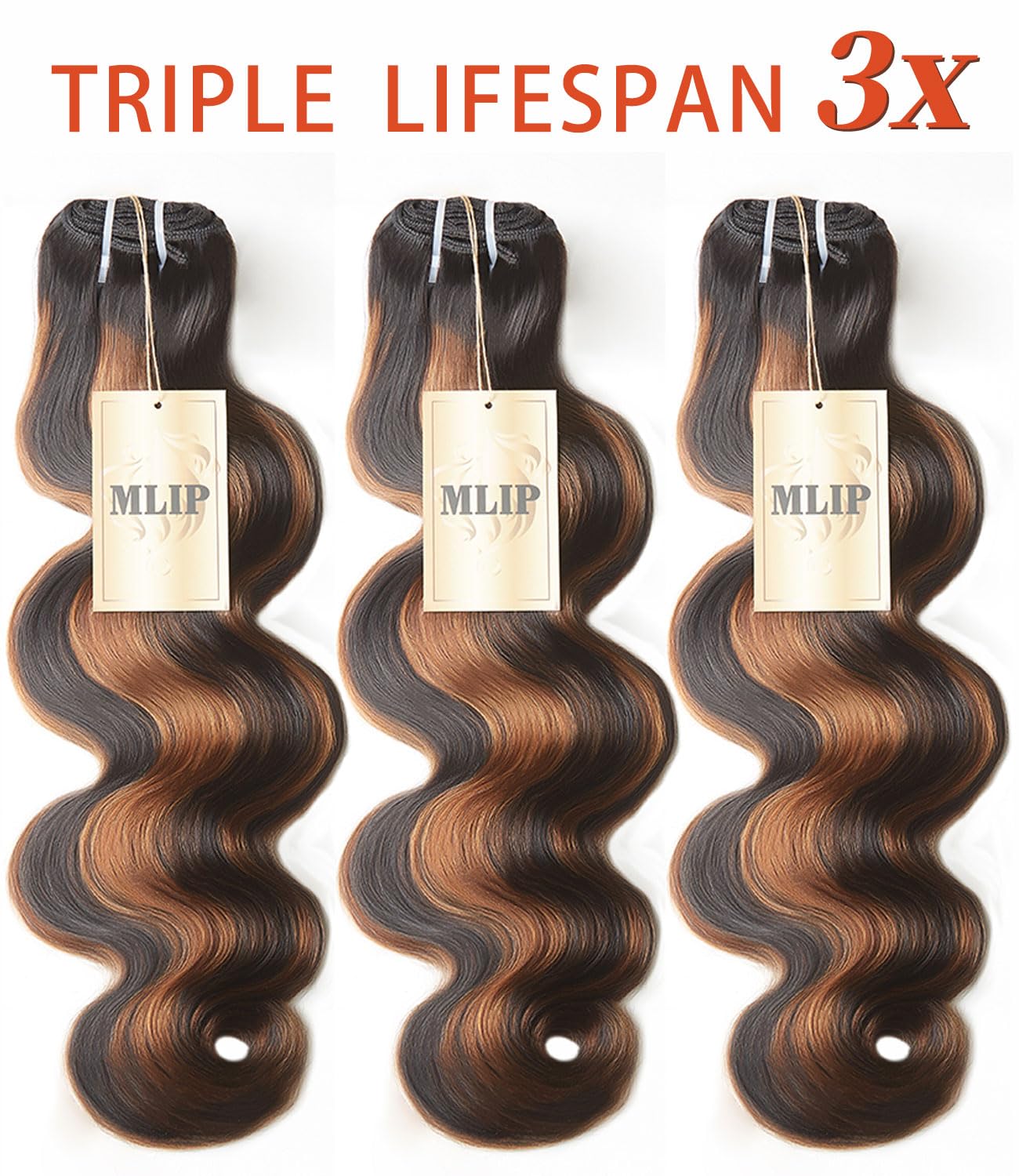 mlip Raw Bundles Human Hair Body Wave, No Tangle Shedding, Keep Texture Silky Soft After Multiple Washes, 15A Raw Indian Hair Bundles 18 Inches, Brown Highlight Bundles