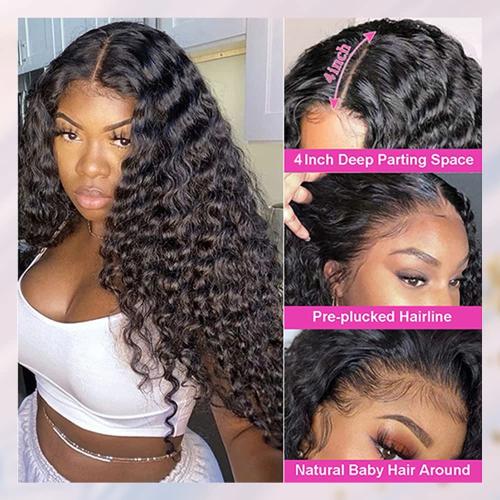 Water Wave 4x4 Lace Front Wigs Human Hair Pre Plucked, 180% Density Brazilian Virgin Wet and Wavy Wigs for Women Curly Wig with Baby Hair Natural Color 24 Inch