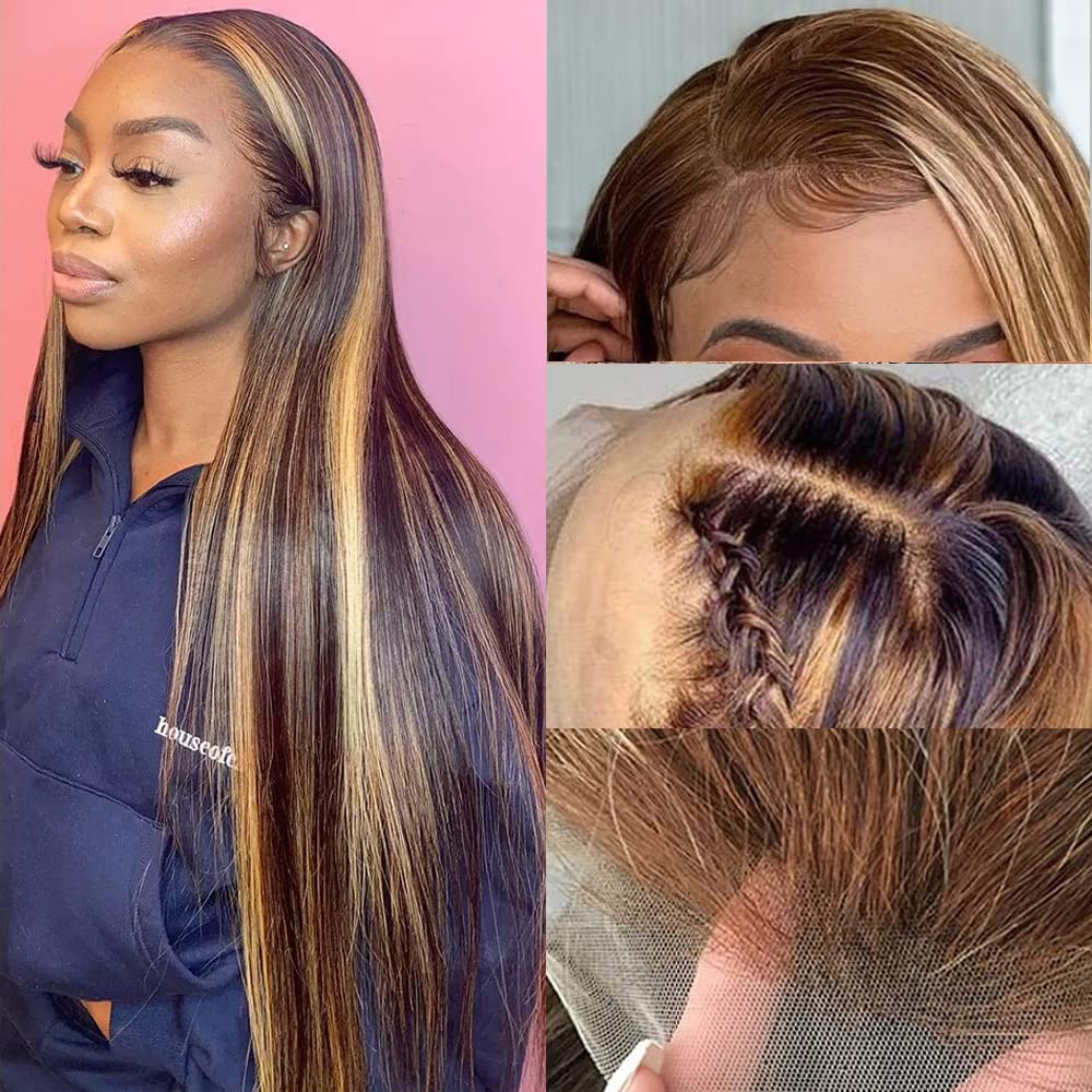 Ombre Highlight Lace Front Wig Human Hair 13x4 Glueless Transparent HD Lace Frontal Wigs Pre Plucked With Baby Hair Straight Brazilian Blonde 4/27 Human Hair Wigs 180% Density for Black Women 22 Inch