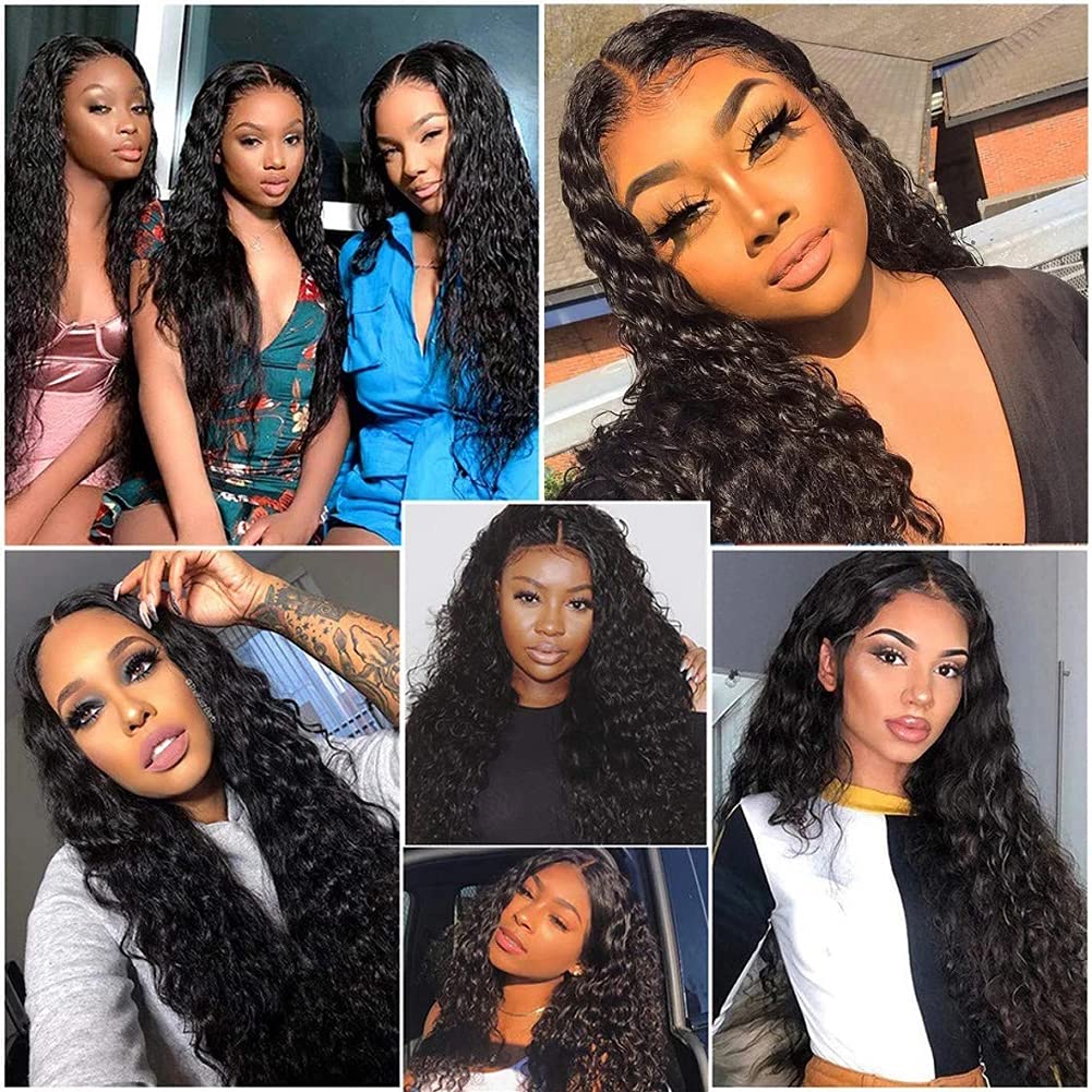 Water Wave 4x4 Lace Front Wigs Human Hair Pre Plucked, 180% Density Brazilian Virgin Wet and Wavy Wigs for Women Curly Wig with Baby Hair Natural Color 24 Inch