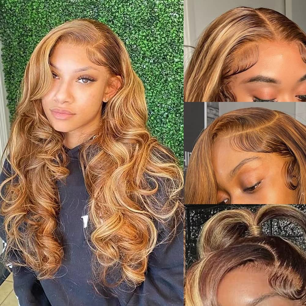 Highlight Ombre Lace Front Wigs Human Hair Pre Plucked with Baby Hair 13x4 Body Wave Frontal Wigs Human Hair 180% Density 4/27 Colored Honey Blonde Lace Front Wig for Women 22 Inch