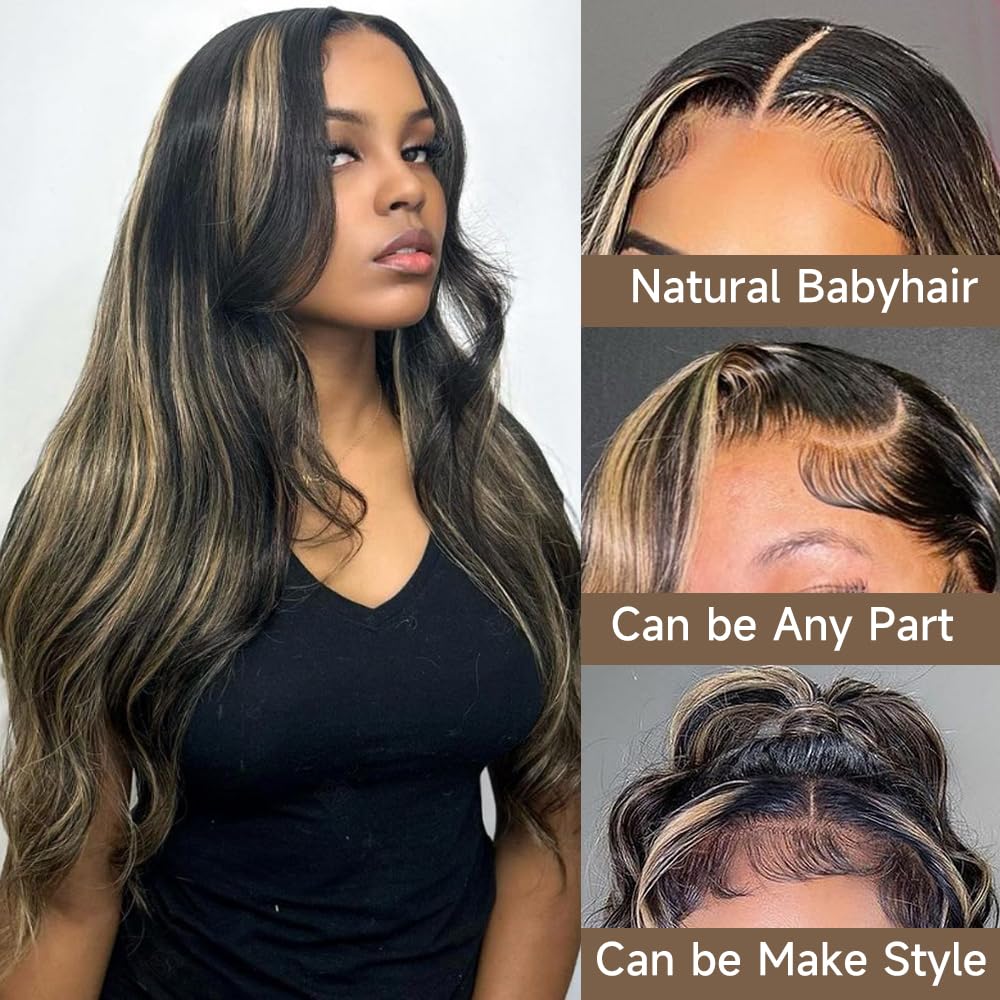 Highlight Ombre Lace Front Wigs Human Hair Pre Plucked with Baby Hair 13x4 Body Wave Frontal Wigs Human Hair 180% Density 4/27 Colored Honey Blonde Lace Front Wig for Women 22 Inch