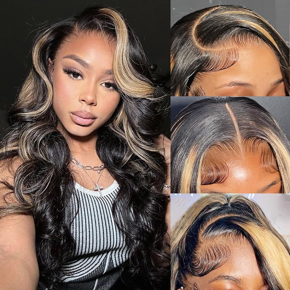 Highlight Ombre Lace Front Wigs Human Hair Pre Plucked with Baby Hair 13x4 Body Wave Frontal Wigs Human Hair 180% Density 4/27 Colored Honey Blonde Lace Front Wig for Women 22 Inch