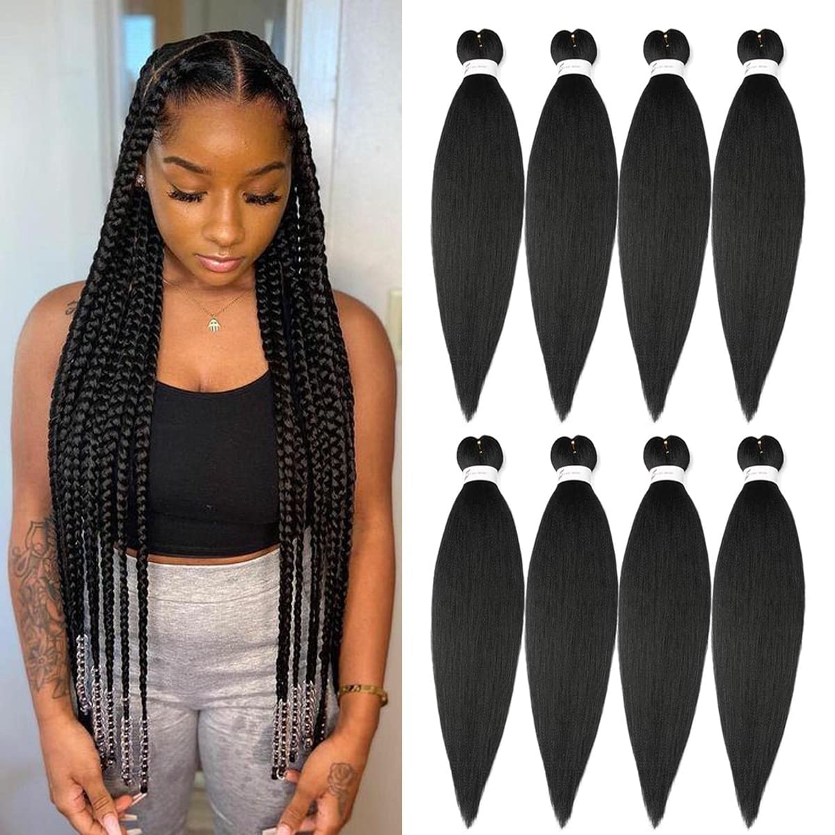 Braiding Hair Pre Stretched 24 Inch 8 Packs Ombre Braiding Hair Professional Soft Braiding Hair Yaki Texture, No Itch, Hot Water Setting Hair Extensions for Braids (24in,1B/30)