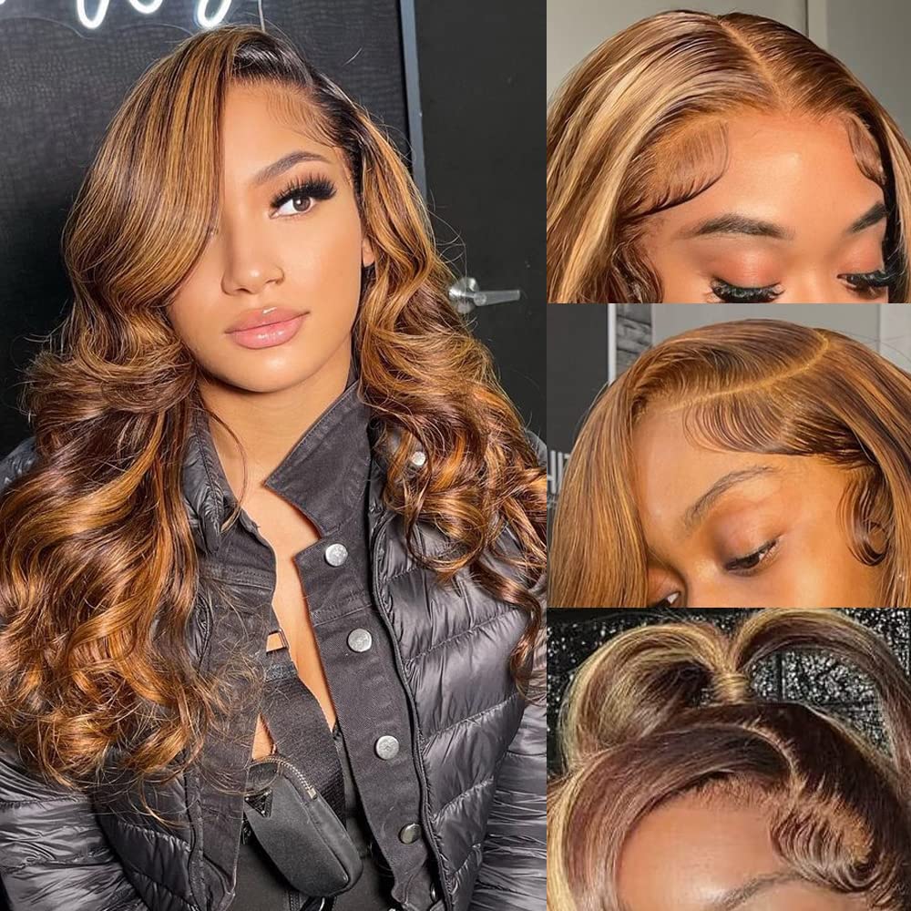 Highlight Ombre Lace Front Wigs Human Hair Pre Plucked with Baby Hair 13x4 Body Wave Frontal Wigs Human Hair 180% Density 4/27 Colored Honey Blonde Lace Front Wig for Women 22 Inch