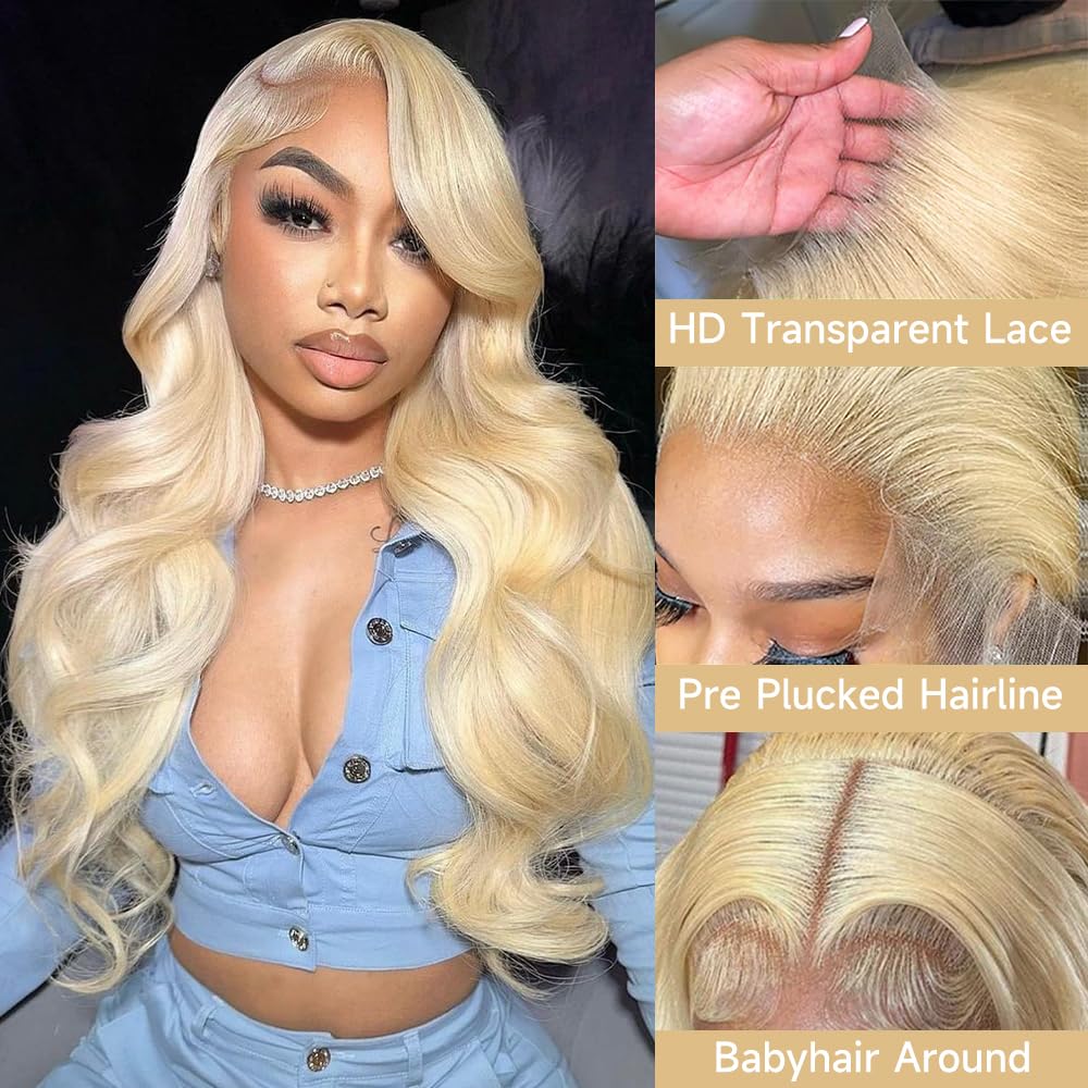 613 13x6 Lace Front Wig Human Hair 28 Inch Blonde Wig Human Hair 200% Density Body Wave HD Blonde Lace Front Wigs Human Hair Pre Plucked 613 Lace Front Wig Human Hair