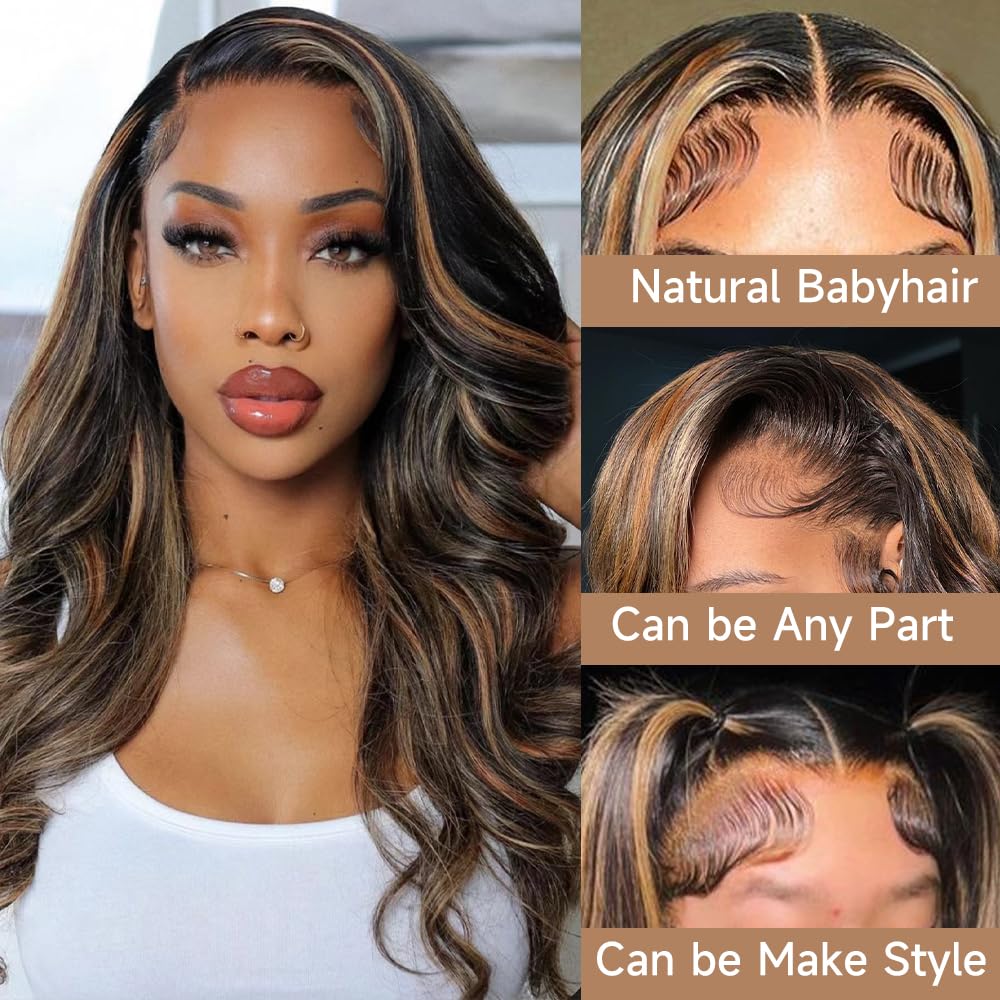 Highlight Ombre Lace Front Wigs Human Hair Pre Plucked with Baby Hair 13x4 Body Wave Frontal Wigs Human Hair 180% Density 4/27 Colored Honey Blonde Lace Front Wig for Women 22 Inch