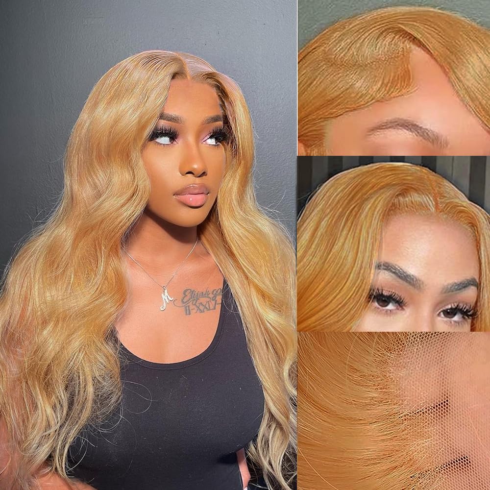 Highlight Ombre Lace Front Wigs Human Hair Pre Plucked with Baby Hair 13x4 Body Wave Frontal Wigs Human Hair 180% Density 4/27 Colored Honey Blonde Lace Front Wig for Women 22 Inch