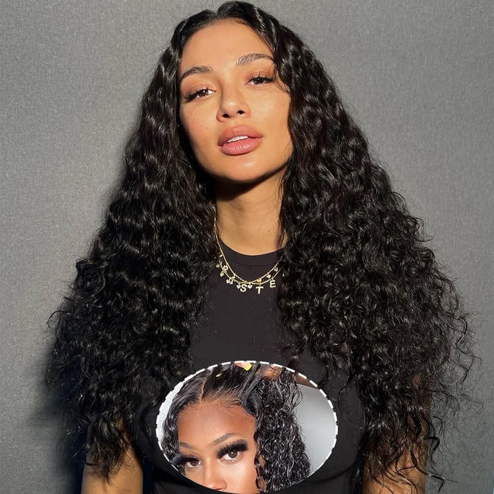 Water Wave 4x4 Lace Front Wigs Human Hair Pre Plucked, 180% Density Brazilian Virgin Wet and Wavy Wigs for Women Curly Wig with Baby Hair Natural Color 24 Inch