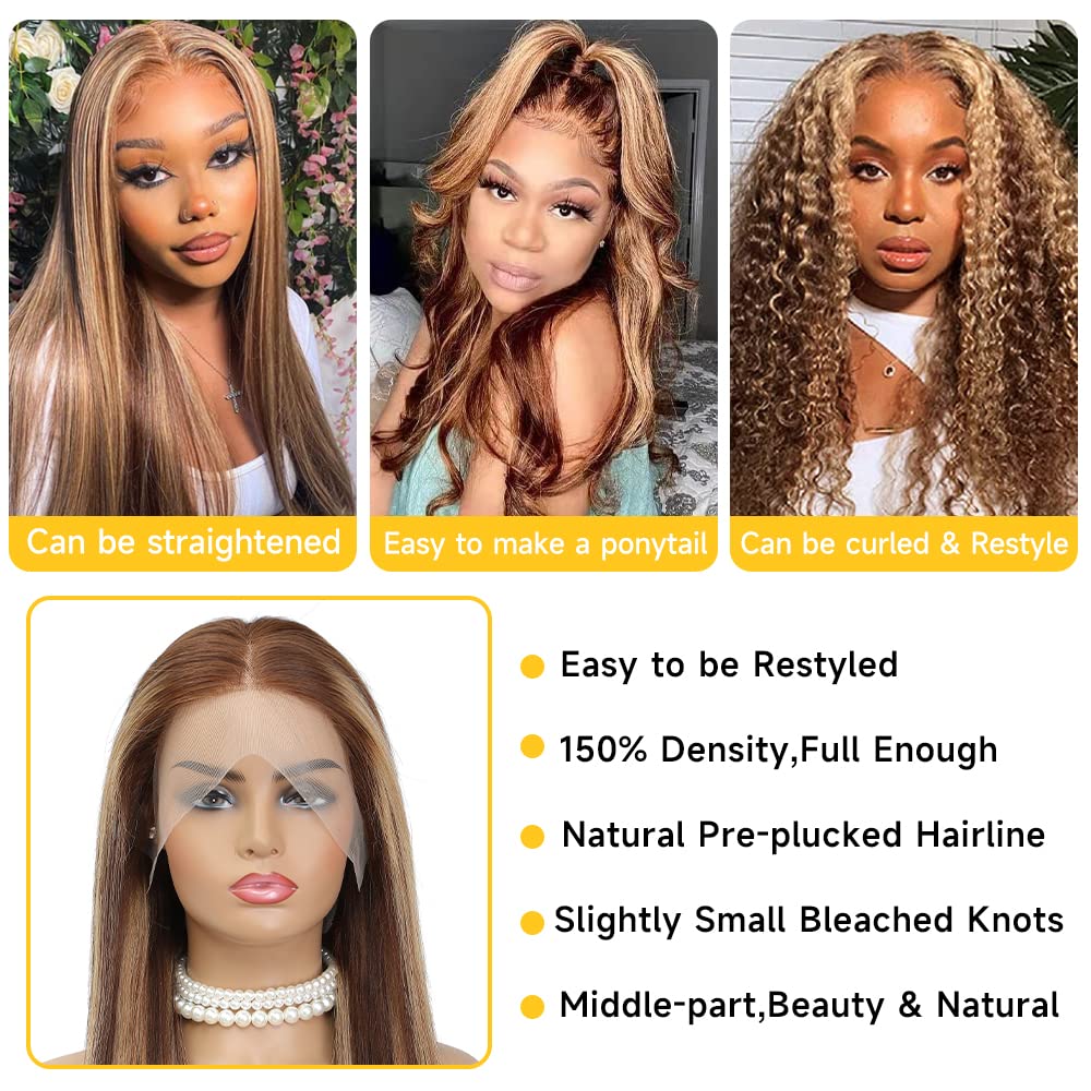 Ombre Highlight Lace Front Wig Human Hair 13x4 Glueless Transparent HD Lace Frontal Wigs Pre Plucked With Baby Hair Straight Brazilian Blonde 4/27 Human Hair Wigs 180% Density for Black Women 22 Inch