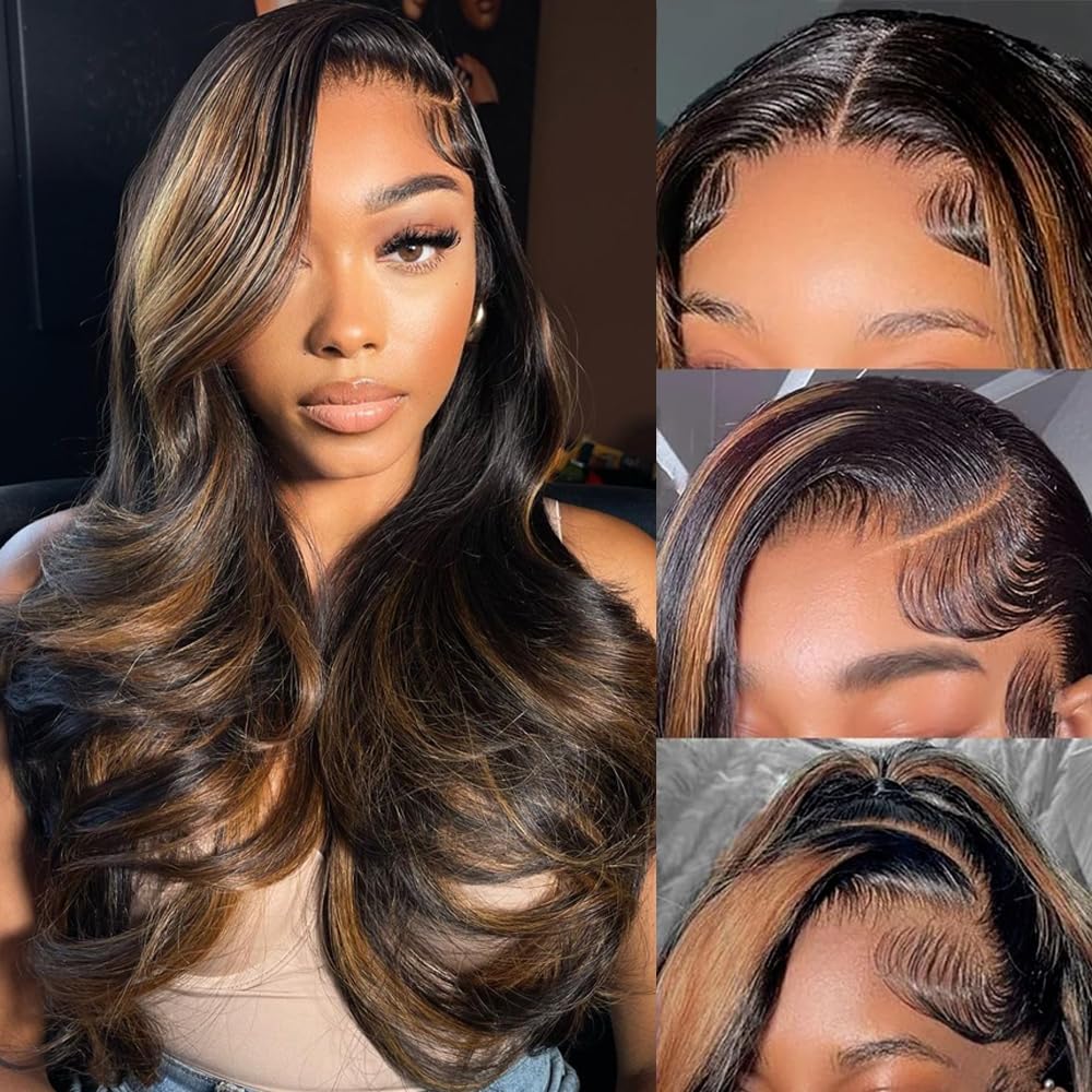 Highlight Ombre Lace Front Wigs Human Hair Pre Plucked with Baby Hair 13x4 Body Wave Frontal Wigs Human Hair 180% Density 4/27 Colored Honey Blonde Lace Front Wig for Women 22 Inch