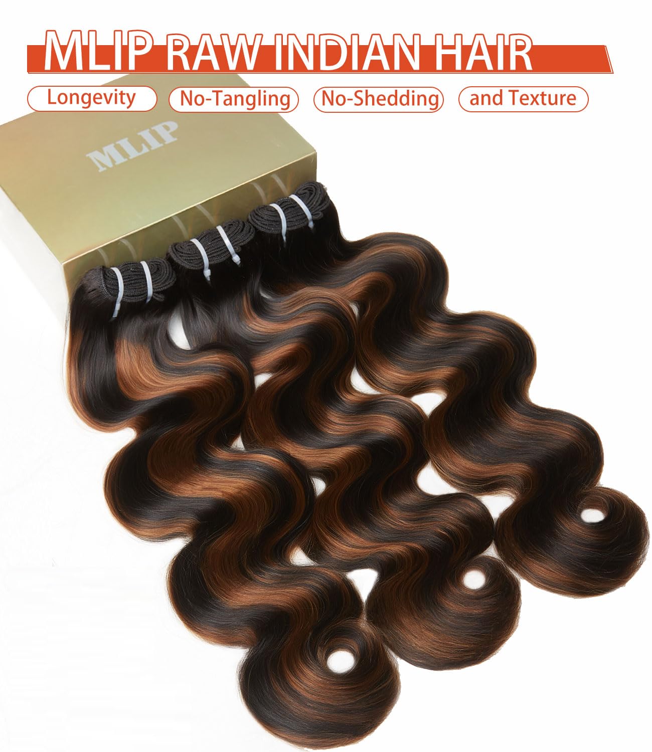 mlip Raw Bundles Human Hair Body Wave, No Tangle Shedding, Keep Texture Silky Soft After Multiple Washes, 15A Raw Indian Hair Bundles 18 Inches, Brown Highlight Bundles