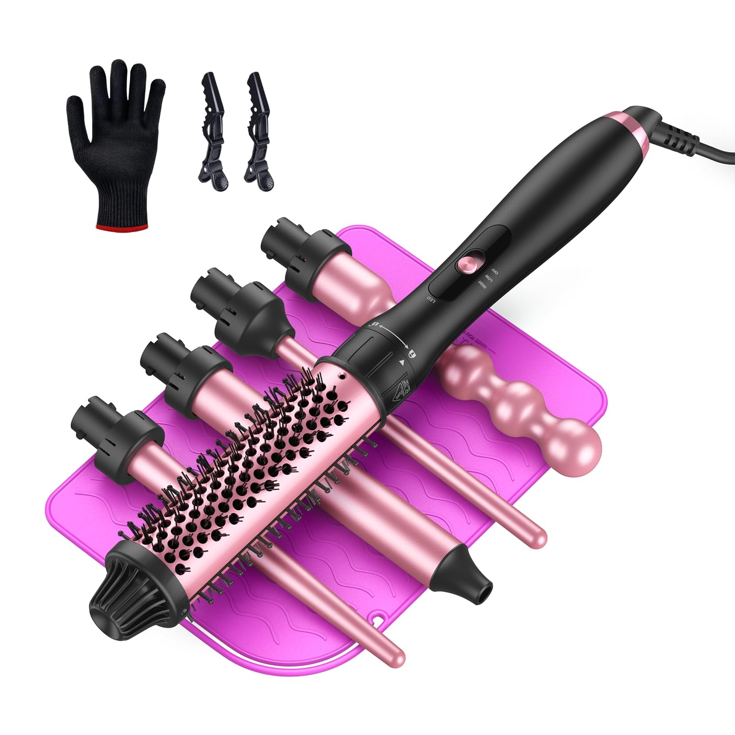 LANDOT 5-in-1 Curling Iron Wand Set: Hair Curler Set with Curling Thermal Brush 1-1/2 inch and 4 Interchangeable Ceramic Curling Wand (0.35”-1.25”) - Instant Heat Up Long Lasting Curls