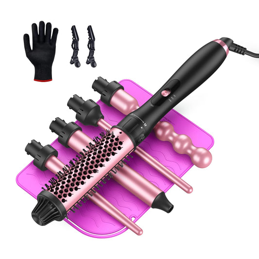 LANDOT 5-in-1 Curling Iron Wand Set: Hair Curler Set with Curling Thermal Brush 1-1/2 inch and 4 Interchangeable Ceramic Curling Wand (0.35”-1.25”) - Instant Heat Up Long Lasting Curls