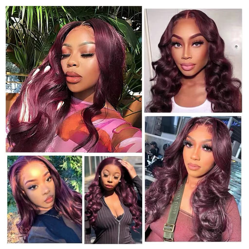 13x4 99J Burgundy Body Wave Lace Front Wigs Human Hair 180% Density Wine Red Color Wigs for Women HD Transparent Lace Front Wigs Glueless Human Hair Pre Plucked with Baby Hair (20inch)