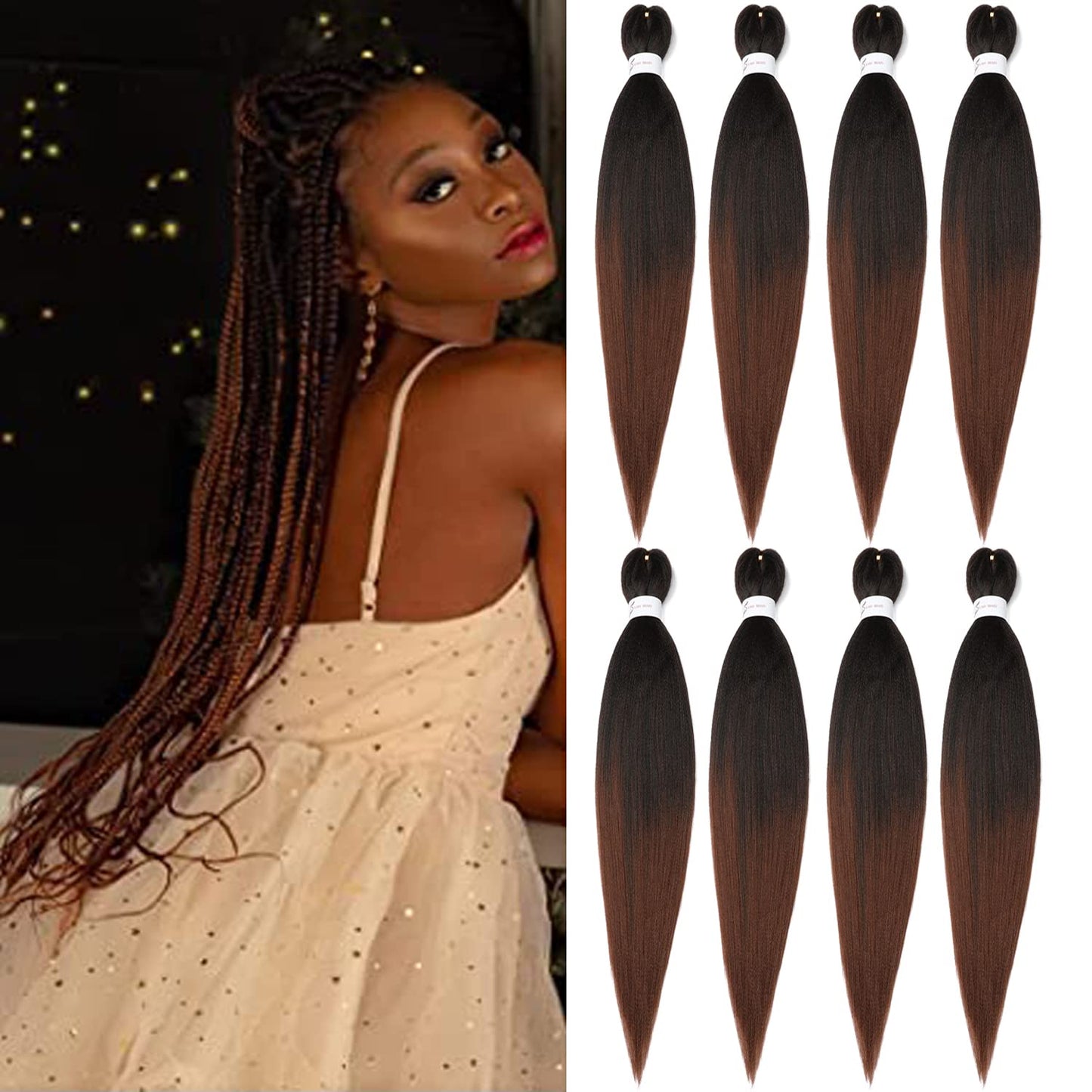 Braiding Hair Pre Stretched 24 Inch 8 Packs Ombre Braiding Hair Professional Soft Braiding Hair Yaki Texture, No Itch, Hot Water Setting Hair Extensions for Braids (24in,1B/30)