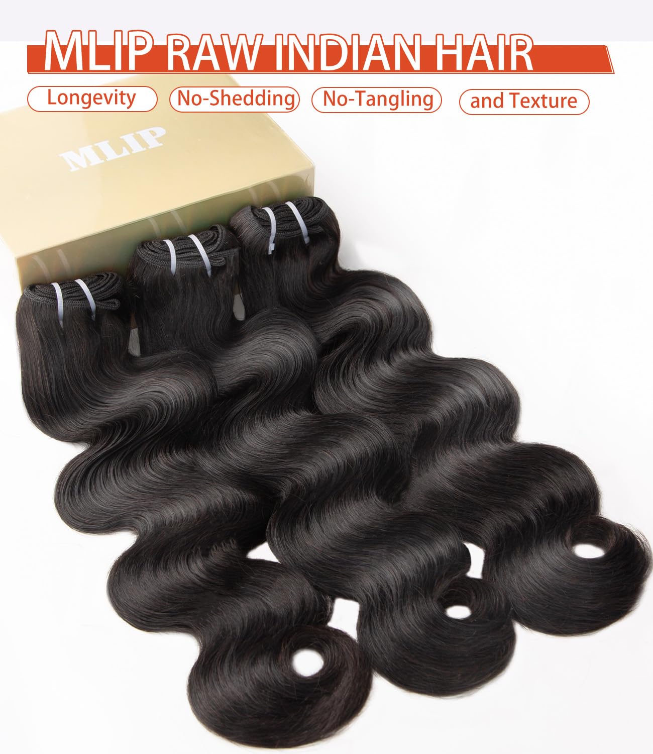 mlip Raw Bundles Human Hair Body Wave, No Tangle Shedding, Keep Texture Silky Soft After Multiple Washes, 15A Raw Indian Hair Bundles 18 Inches, Brown Highlight Bundles