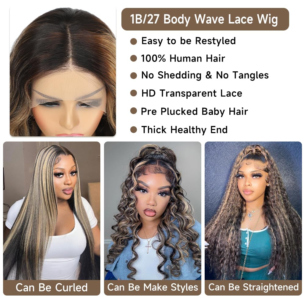 Highlight Ombre Lace Front Wigs Human Hair Pre Plucked with Baby Hair 13x4 Body Wave Frontal Wigs Human Hair 180% Density 4/27 Colored Honey Blonde Lace Front Wig for Women 22 Inch