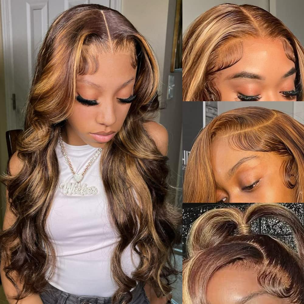 Highlight Ombre Lace Front Wigs Human Hair Pre Plucked with Baby Hair 13x4 Body Wave Frontal Wigs Human Hair 180% Density 4/27 Colored Honey Blonde Lace Front Wig for Women 22 Inch