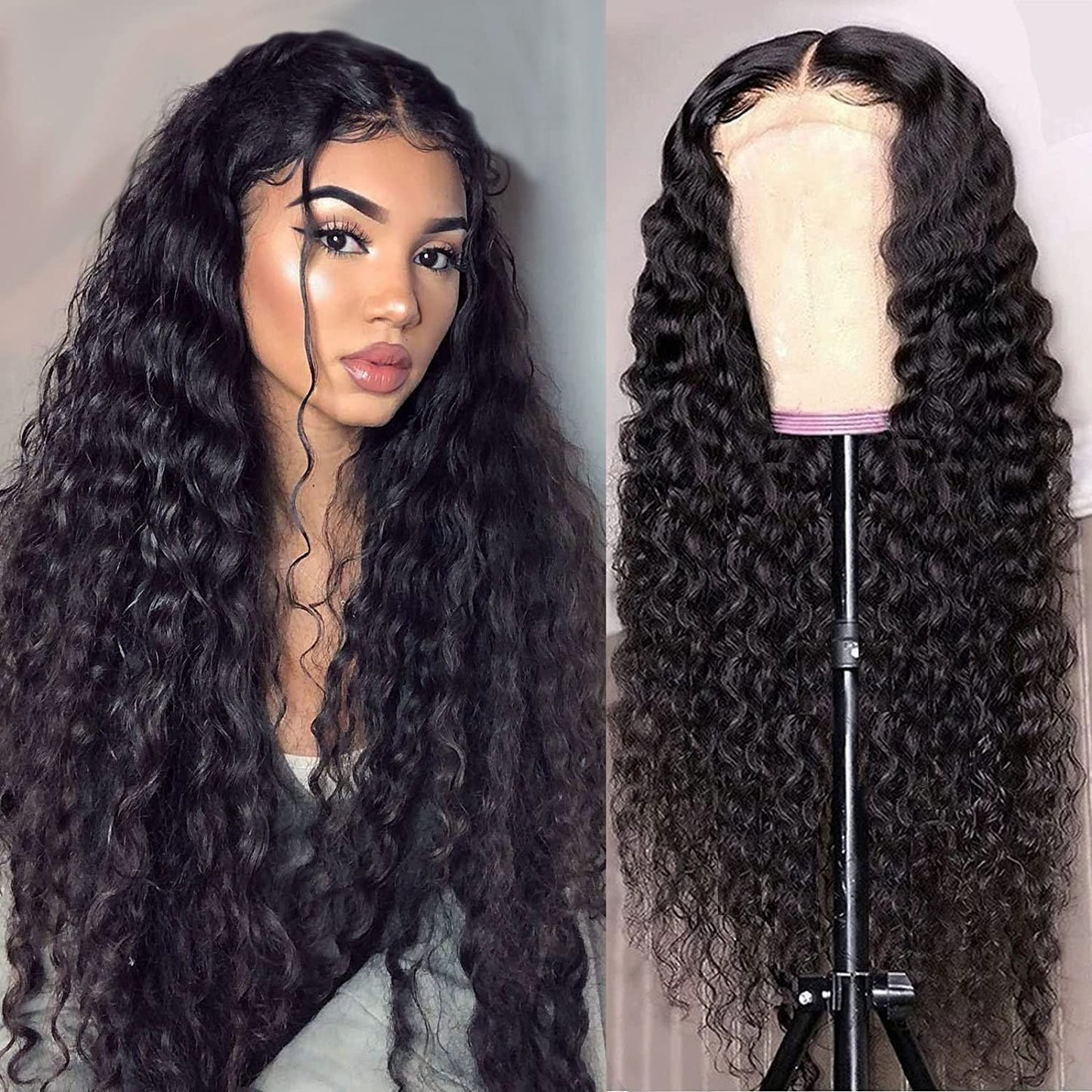 Water Wave 4x4 Lace Front Wigs Human Hair Pre Plucked, 180% Density Brazilian Virgin Wet and Wavy Wigs for Women Curly Wig with Baby Hair Natural Color 24 Inch