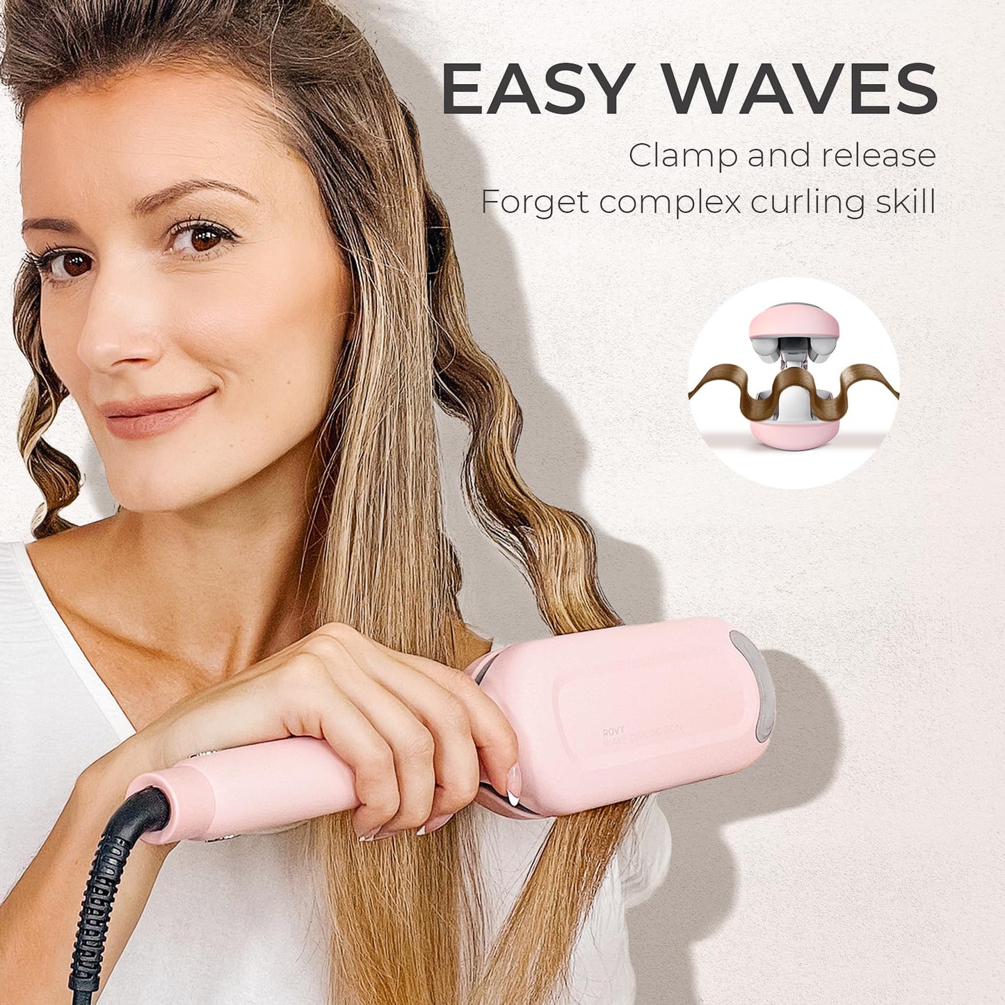 Curling Iron Hair Crimper Waver - TYMO ROVY Beach Waves Curling Wand, Ionic Deep Waver Hair Curler Tool with Ceramic 3 Barrel for Women, Dual Voltage, Anti-Scald, Easy to Use, 1.25 Inch, Pink