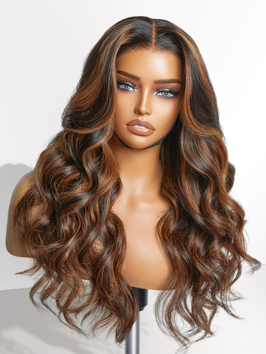 LUVME HAIR 5X5 Brown Highlight Loose Body Wave Glueless Human Hair Wig Pre Cut Lace Front Wig Pre Plucked Ready to Go Long Black Wig For Women (20 Inch & Precut Lace Color 1B/30)