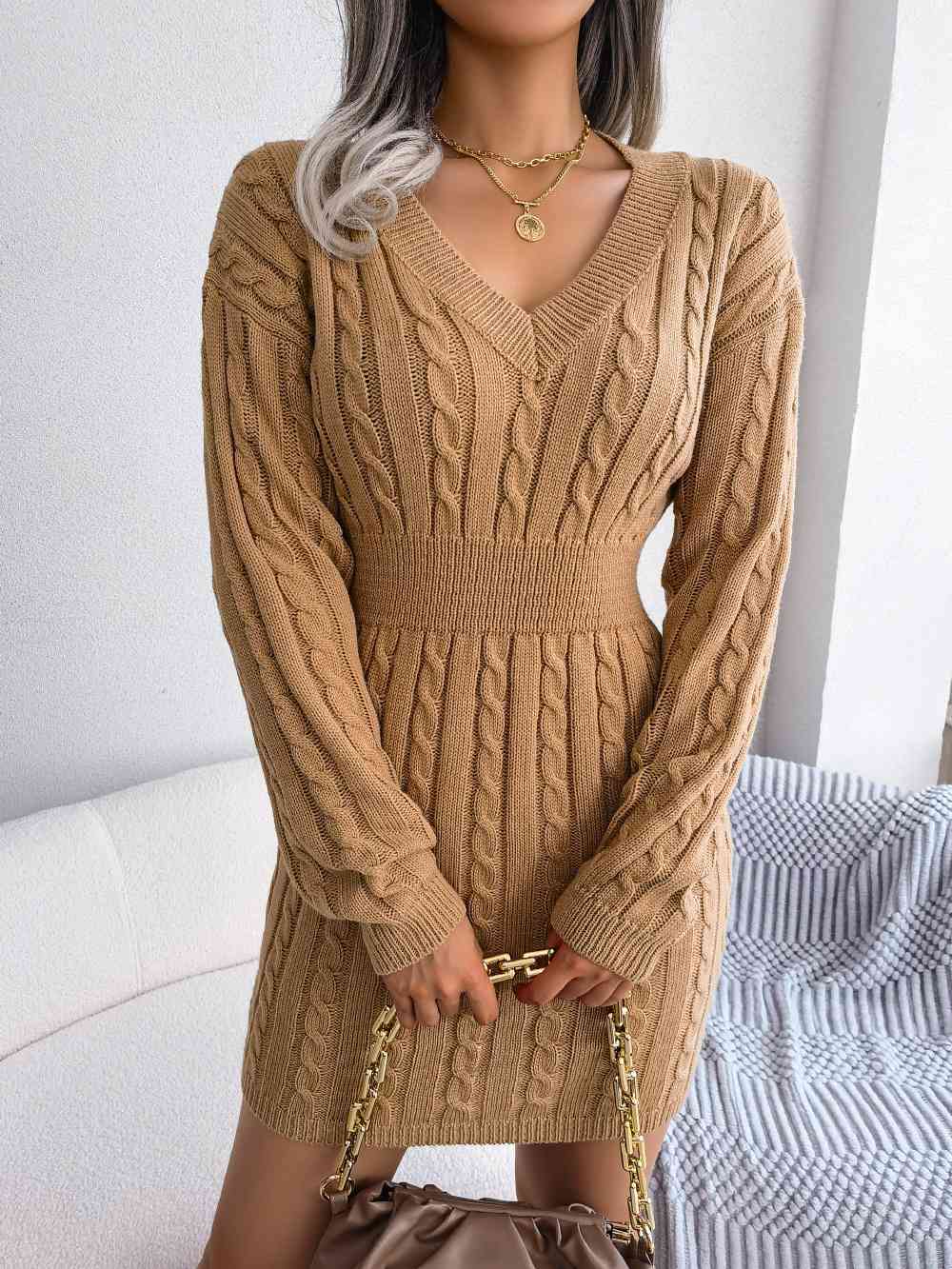 Cable-Knit V-Neck Mini Sweater Dress