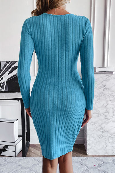 Ribbed Tied Long Sleeve Wrap Dress