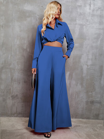 Collared Neck Long Sleeve Top and Wide Leg Pants Set