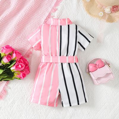 Striped Two-Tone Short Sleeve Tie Waist Romper