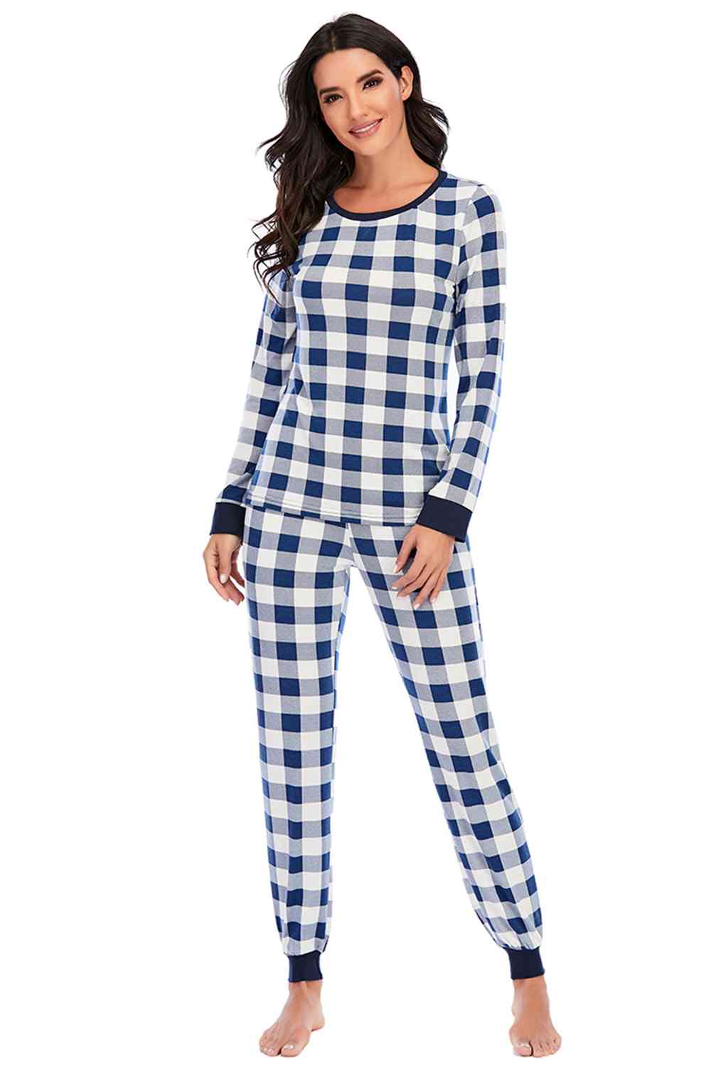 Plaid Round Neck Top and Pants Set