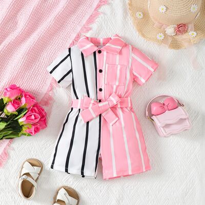 Striped Two-Tone Short Sleeve Tie Waist Romper