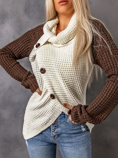 Contrast Decorative Button Turtleneck Sweater