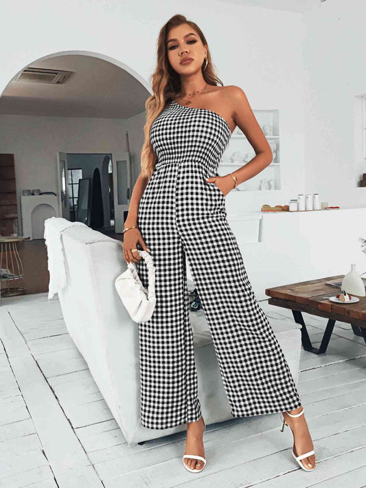 Plaid One-Shoulder Wide Leg Jumpsuit with Pockets