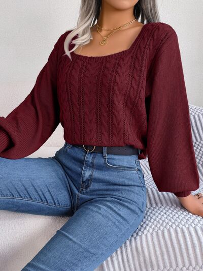 Cable-Knit Square Neck Long Sleeve Sweater