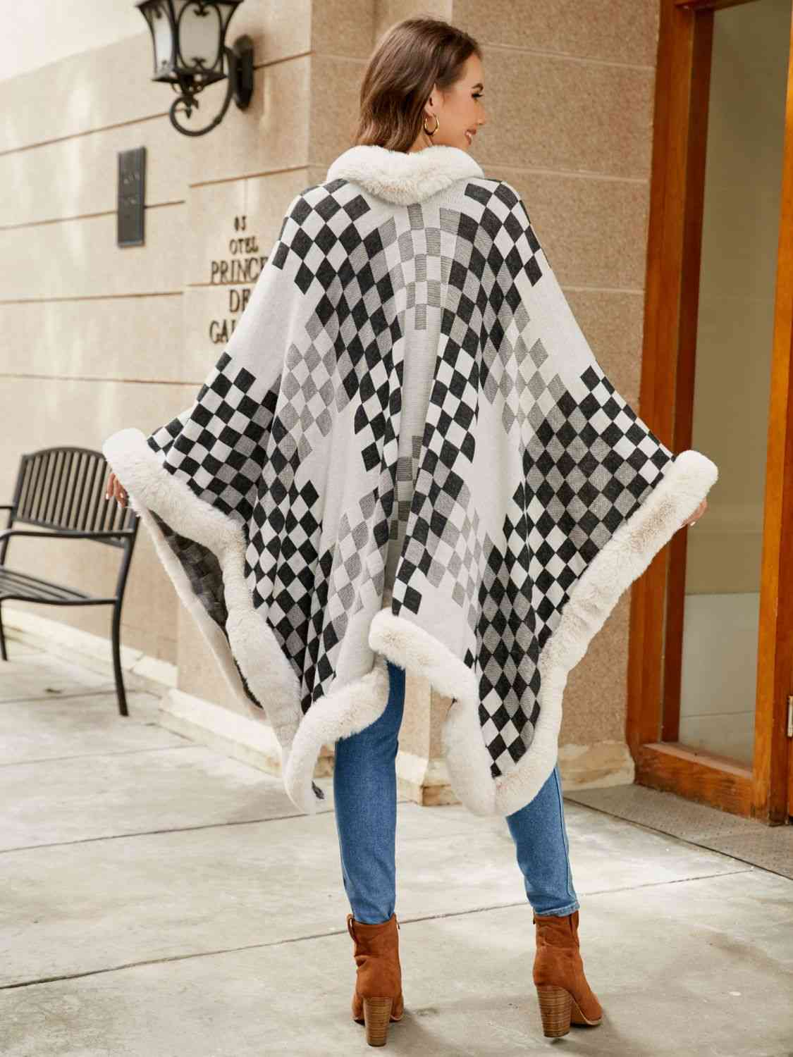 Checkered Faux Fur Trim Poncho