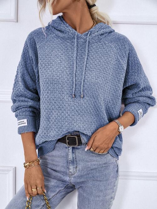 Texture Drawstring Long Sleeve Hooded Sweater