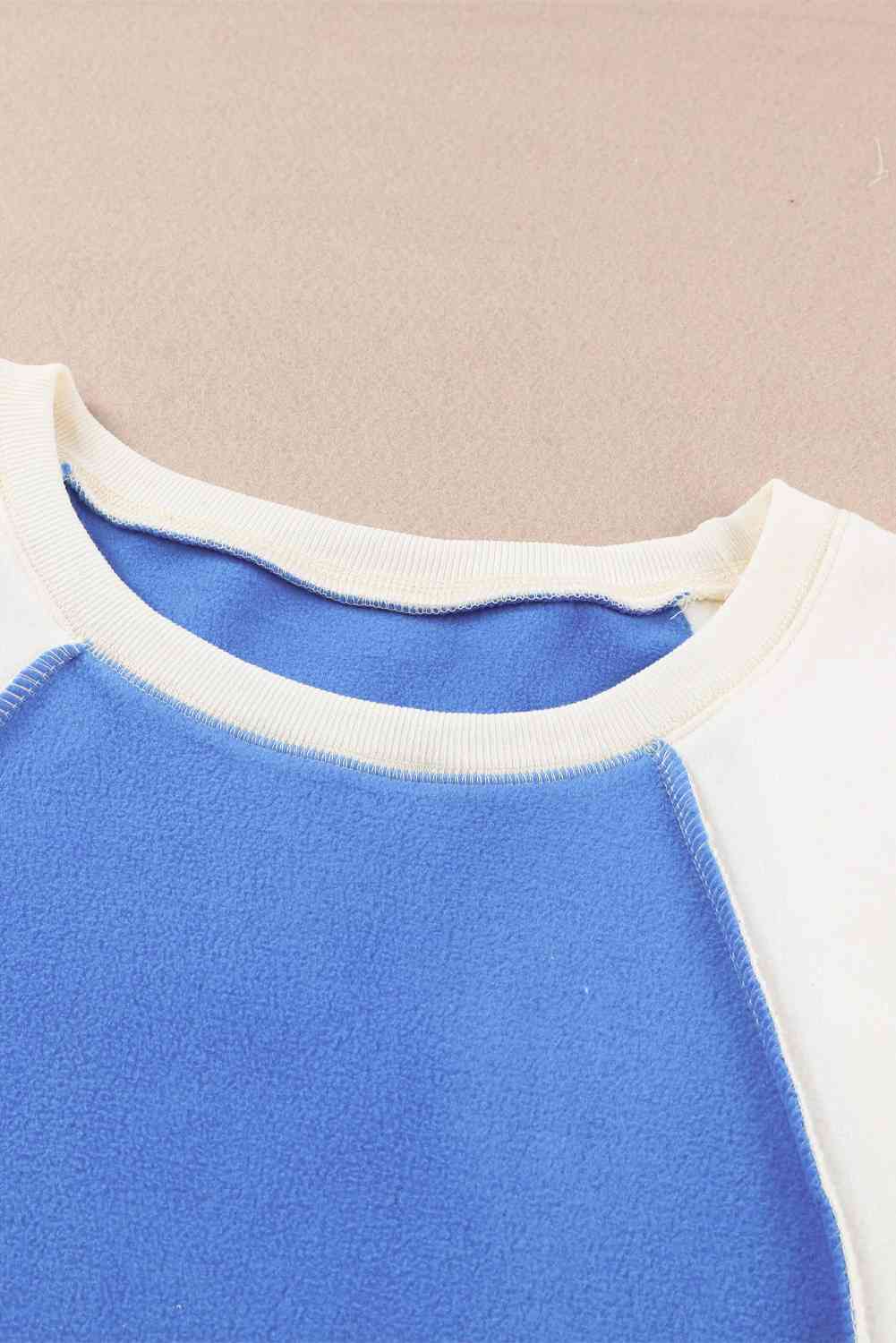 Round Neck Dropped Shoulder Color Block Sweatshirt